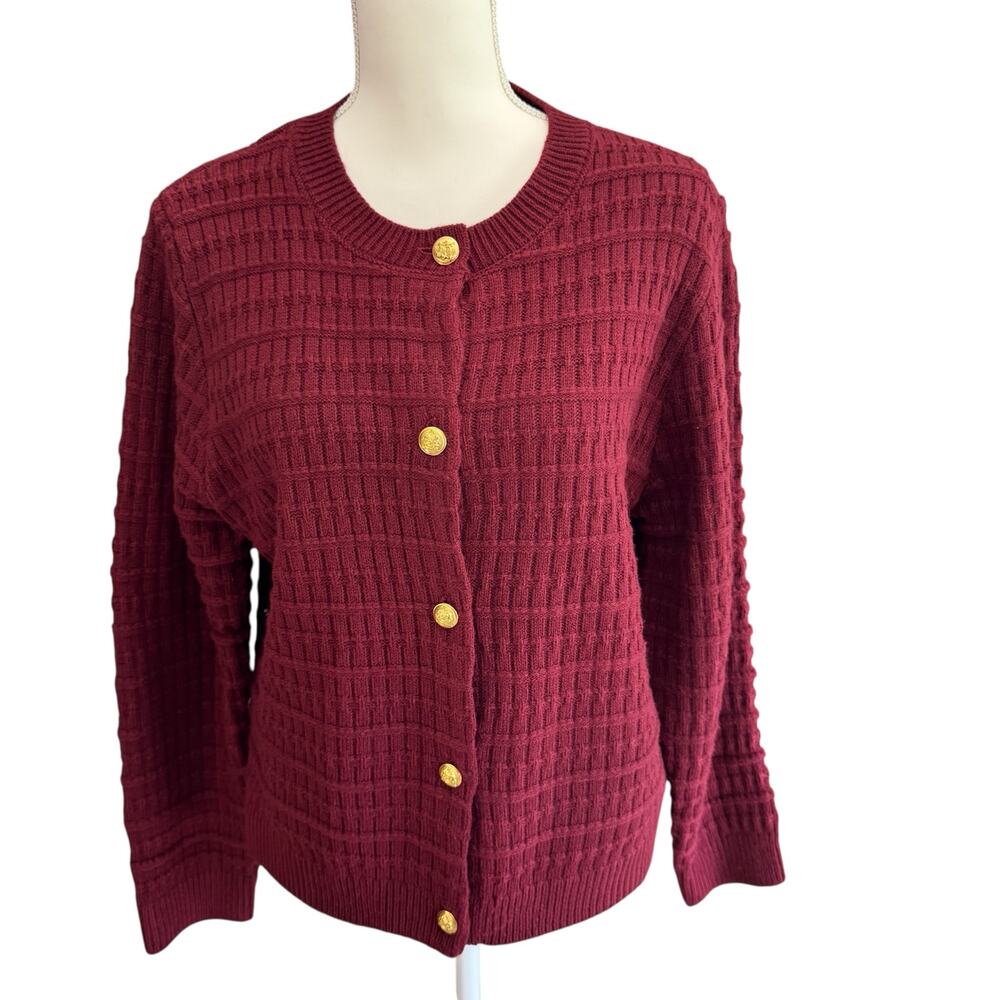 ZEAGOO Sweater Womens Large Garnet Cardigan Textured Waffle Knit Gold Buttons